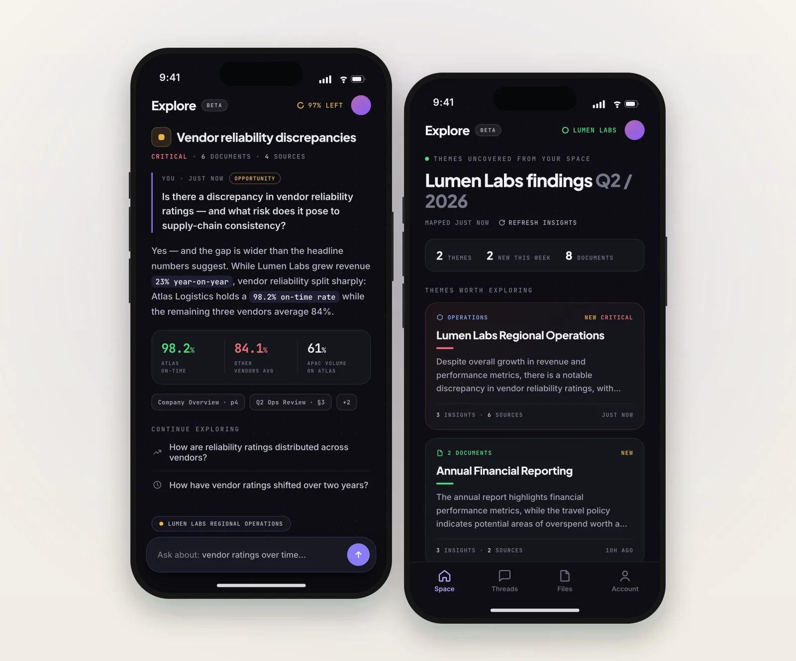 Concept designs for the Explore mobile app: a cited answer with inline statistics and sources, and the findings home with themes worth exploring.