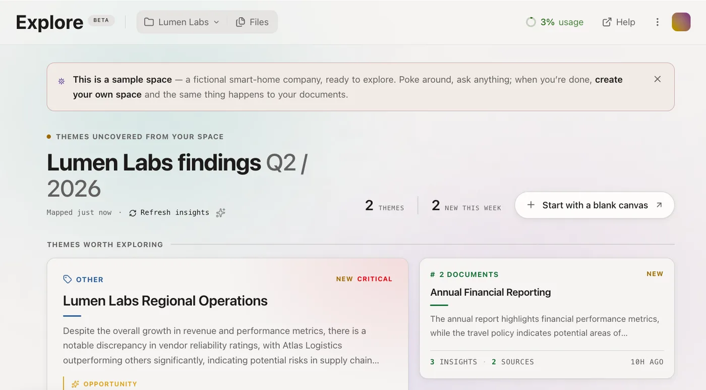 Explore's home canvas: the themes it has mapped from a document space, ready to explore.
