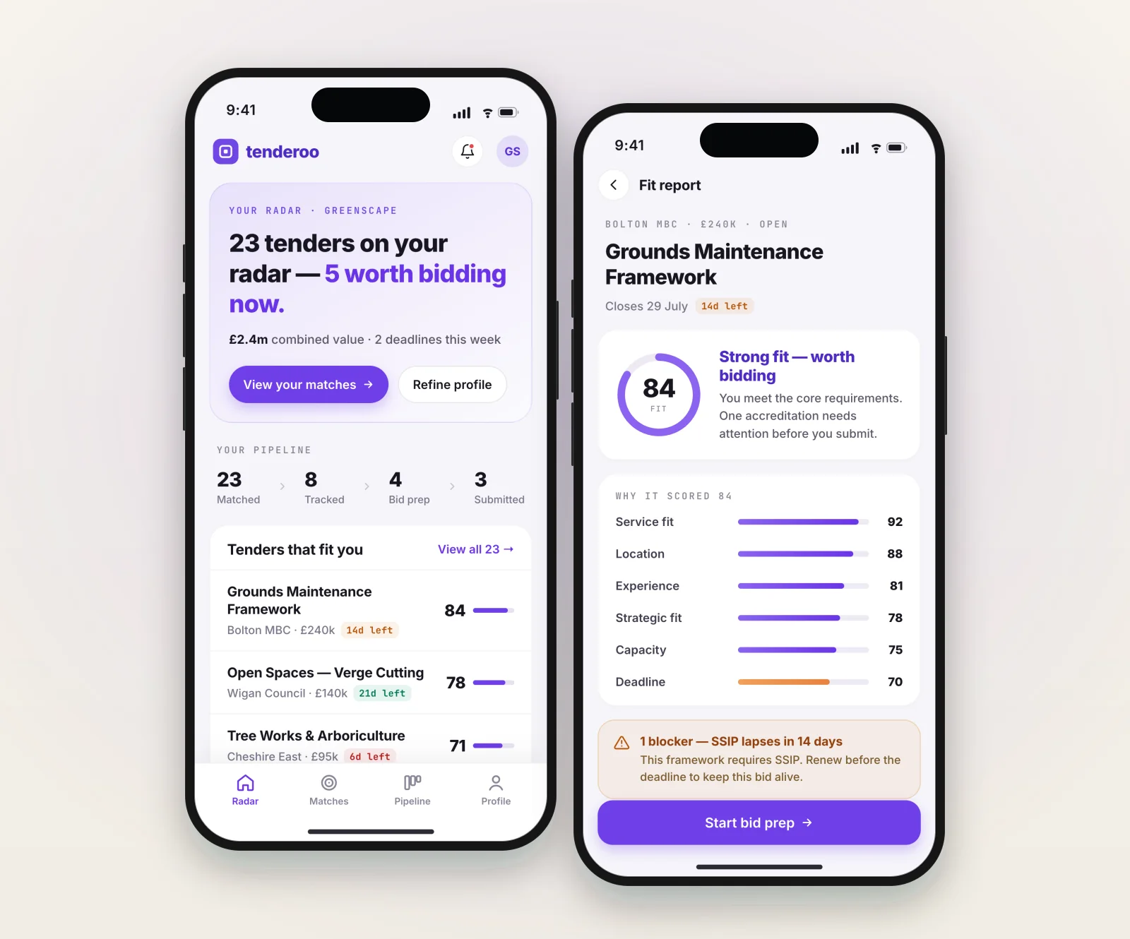 Concept designs for the Tenderoo mobile app. The tender radar with pipeline and fit-scored matches, and a per-tender fit report with the six-factor rubric and blockers.